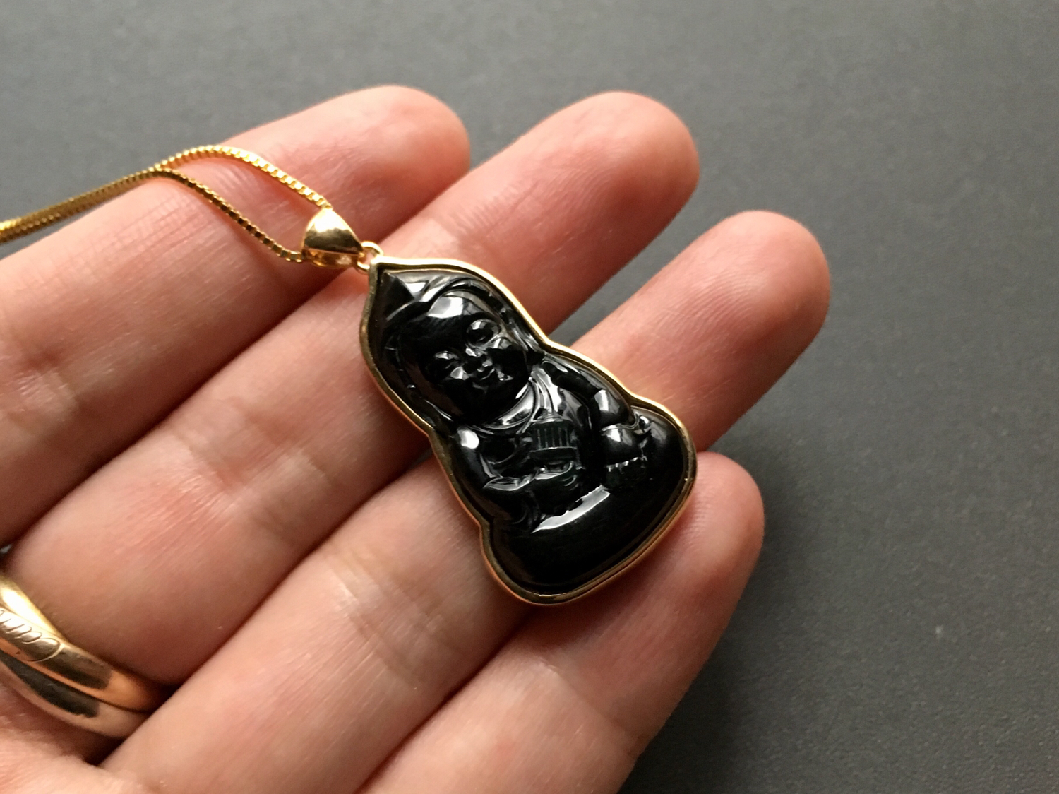 冰种墨翠宝宝佛18k黄金镶嵌