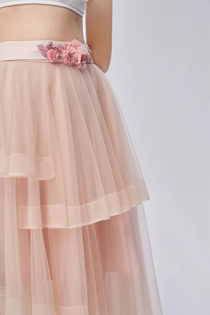 层次丰富 重工绣花!腰带粉色纱裙 女士蛋糕半身裙 不规则裙!