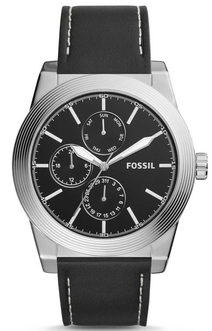 fossil/化石 黑色皮表带 三眼石英男表