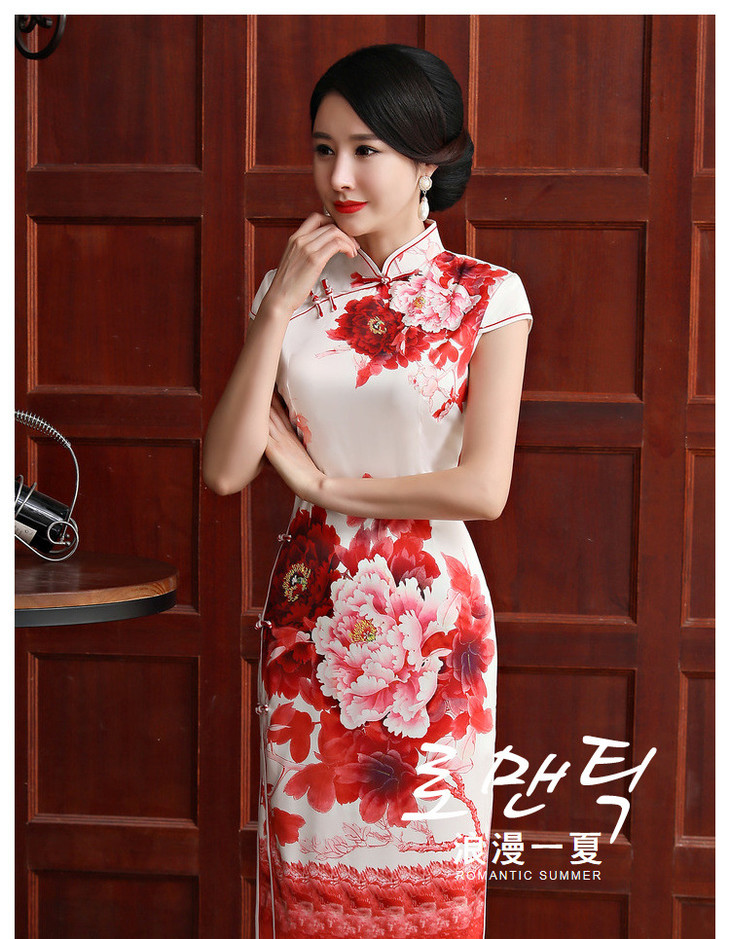 ym83104新款春季立领短袖爆款经典旗袍中国红丝绸旗袍长款