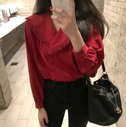 【服饰鞋包】春装新款chic气质显白花边大翻领双排扣衬衫女衬衣 商品图4