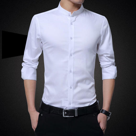【衬衫男】修身型纯棉立领衬衫男长袖 青年纯色薄款 商务白衬衣 中山领 商品图0