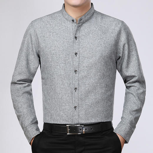 【服饰鞋包】中老年立领长袖衬衫男棉麻透气休闲秋季纯色宽松爸爸装男衬衫 商品图0