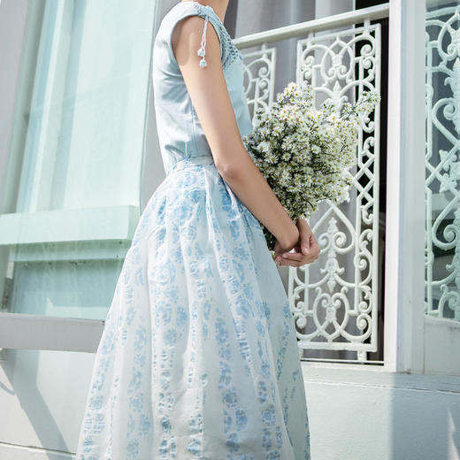 林栖设计小店春夏季女装新品淡青色印花半身裙文艺中长裙子两件套