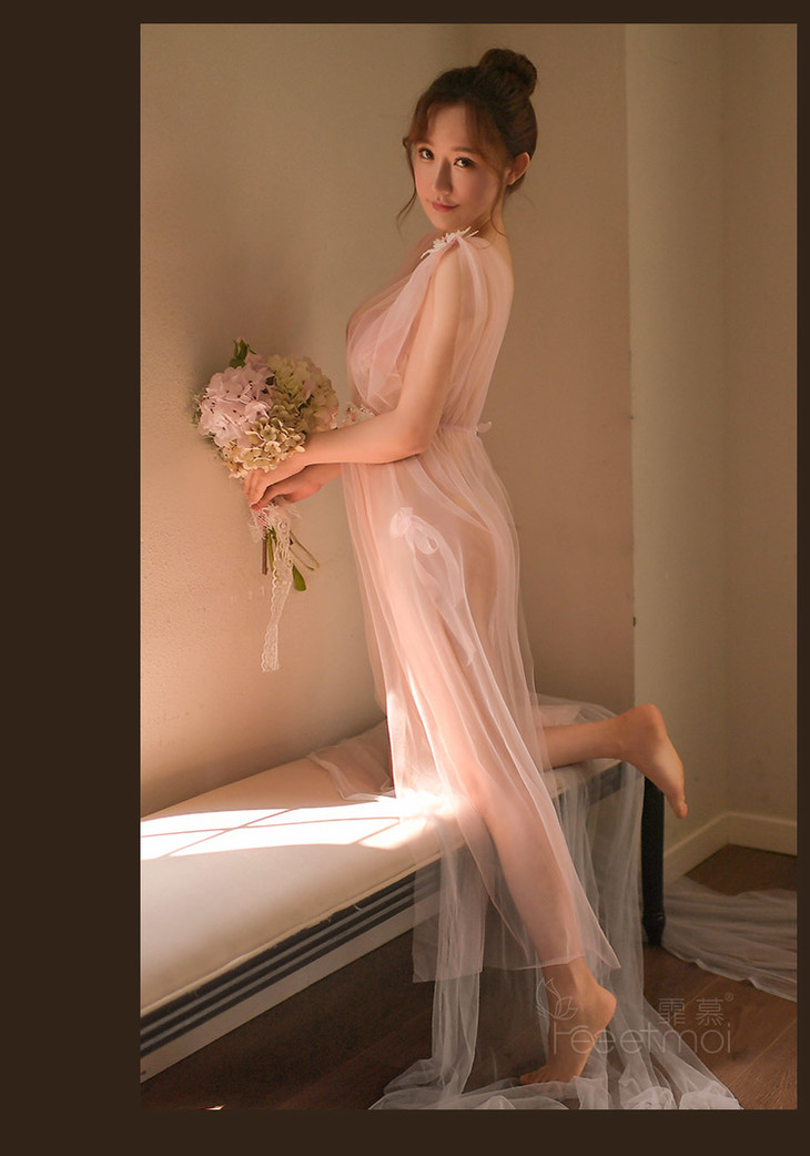 霏慕女式唯美新娘绑带开叉飘逸长款睡裙