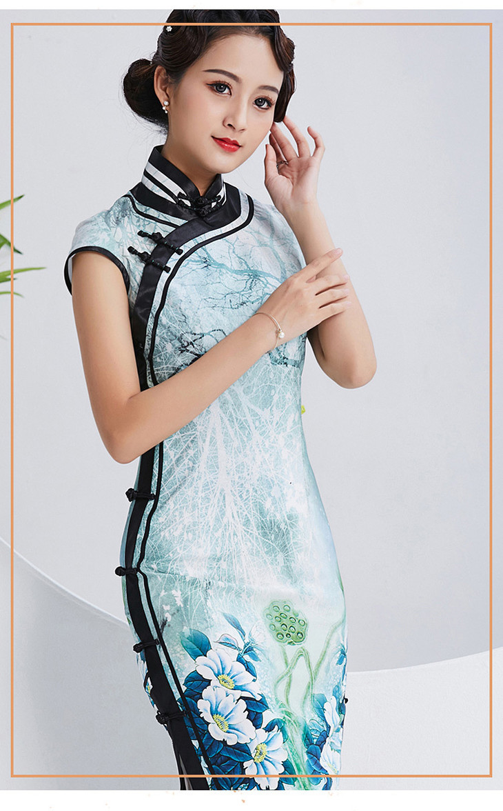 qc1697647真丝麻可定制手工盘扣月牙袖旗袍宴会礼服裙