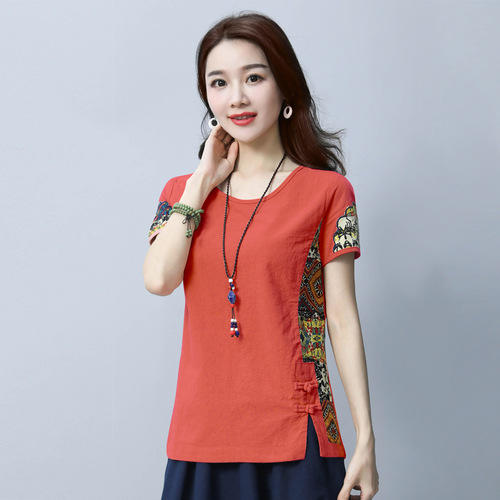 YXG-Y6016新款宽松棉麻圆领大码民族风短袖t恤 TZW 商品图3