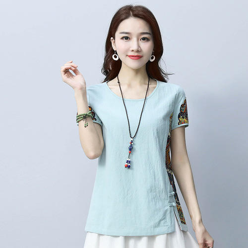 YXG-Y6016新款宽松棉麻圆领大码民族风短袖t恤 TZW 商品图2