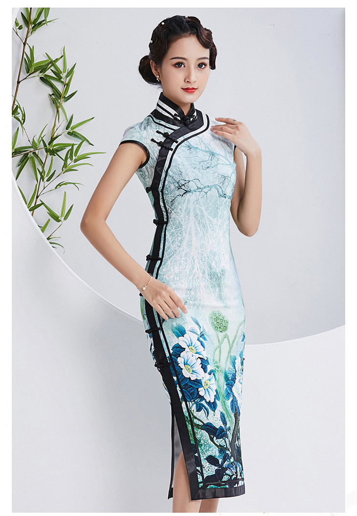 qc1697647真丝麻可定制手工盘扣月牙袖旗袍宴会礼服裙