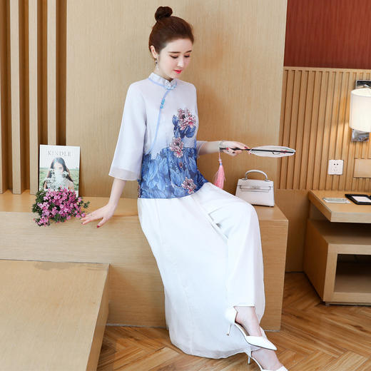 ahmye9012复古盘扣中式旗袍上衣阔腿裤套装