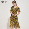 EITIE爱特爱女装夏V领荷叶边袖口不规则裙摆印花连衣裙中长裙B1907224 商品缩略图0