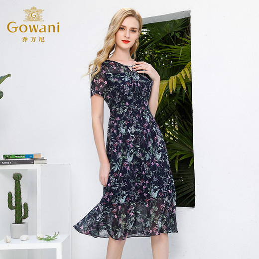 乔万尼夏真丝法式复古裙修身碎花桑蚕丝连衣裙过膝长款EN2E501 商品图1