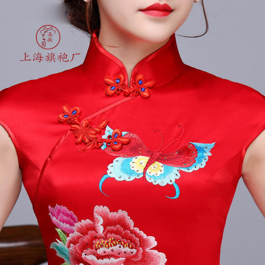 旗袍2019新款 高端长款复古礼服红色重磅真丝绣花旗袍新娘敬酒服
