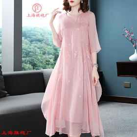 上海旗袍厂KDS-531夏新款女装顺纡绉雪纺重工刺绣中国风宽松飘逸连衣裙