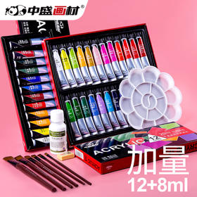 中盛画材 丙烯颜料12色24色套装纺织颜料墙绘 颜料丙烯画diy石头画手绘 炳烯颜料彩绘染料画画流体画黑色丙烯