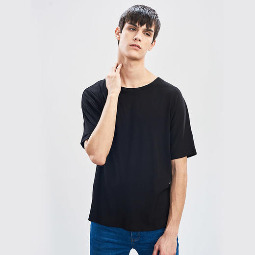 HIM uomo/汉崇男装2019夏季新款纯色T恤衫宽松百搭男士短袖上衣 商品图1