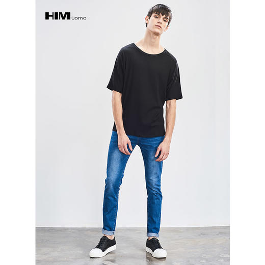 HIM uomo/汉崇男装2019夏季新款纯色T恤衫宽松百搭男士短袖上衣 商品图0