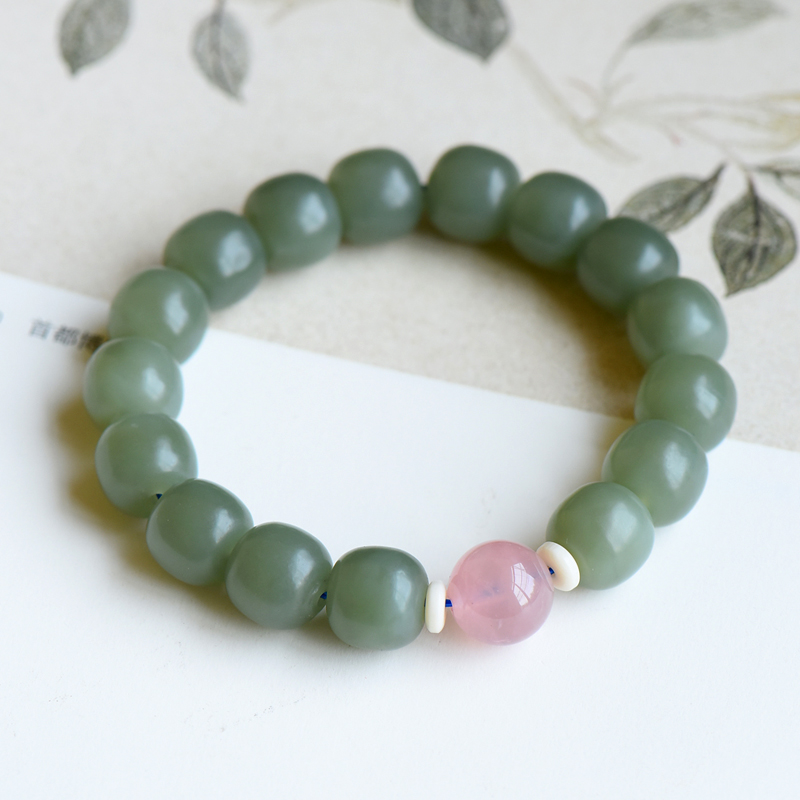 创汇期和田玉古珠型粉晶水晶手链手串