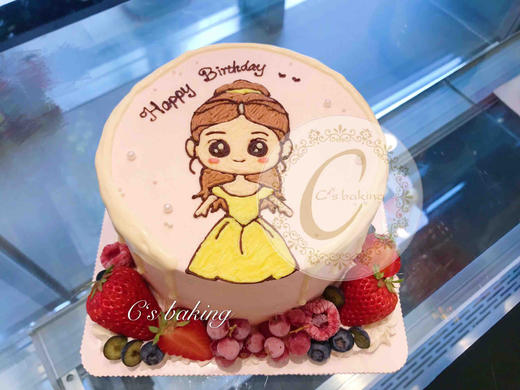 手绘q版迪士尼贝儿公主水果装饰忌廉蛋糕默认自提收费配送请联系客服