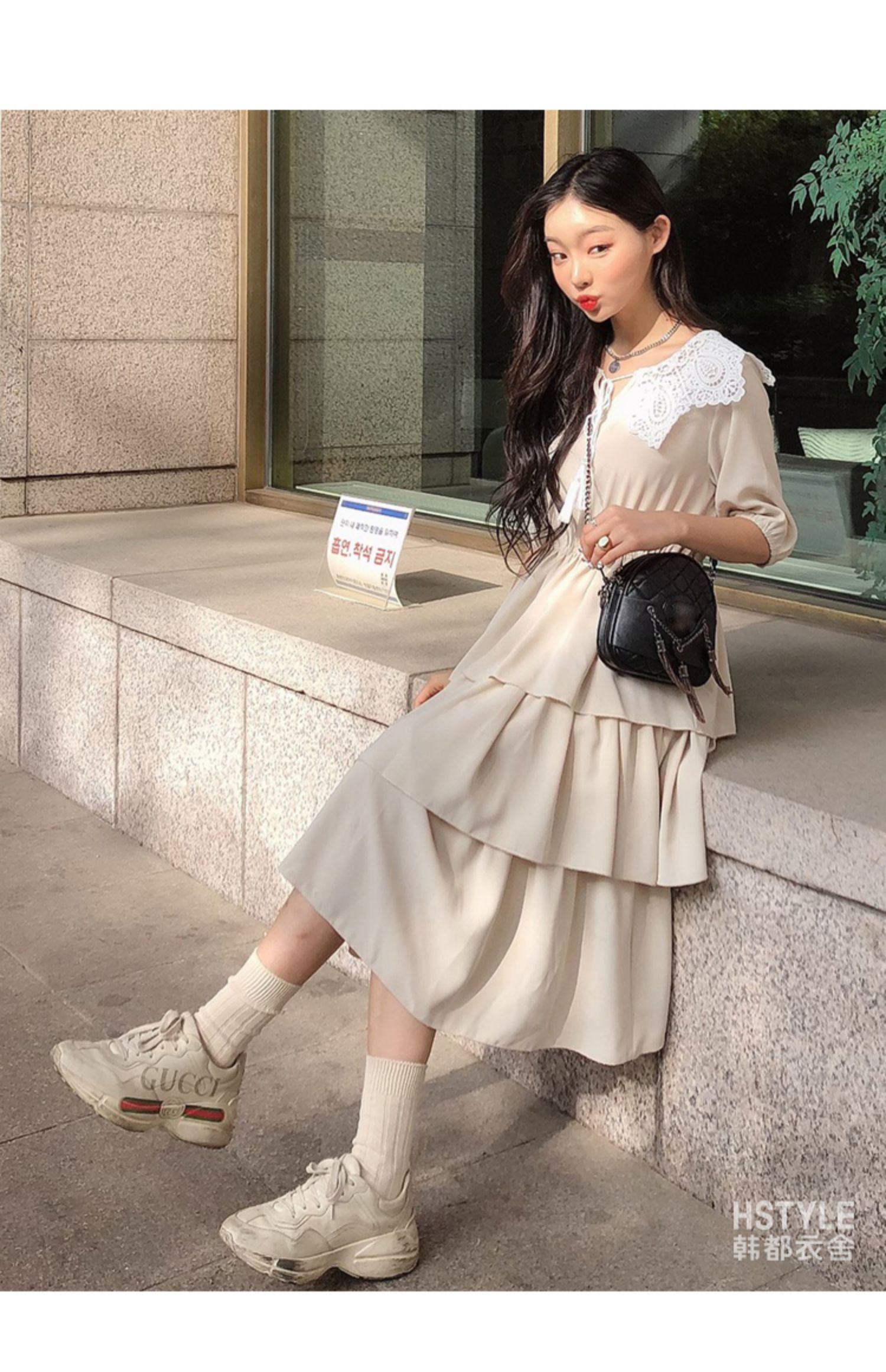 韩都衣舍2019韩版女装夏装蕾丝雪纺仙女蛋糕裙白色连衣裙ok1431鲲