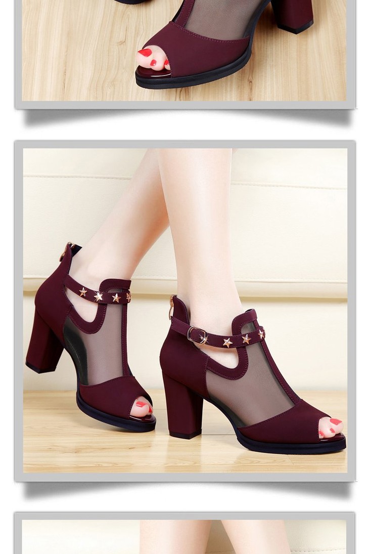 ln129新款鱼嘴网纱一字扣粗跟女鞋