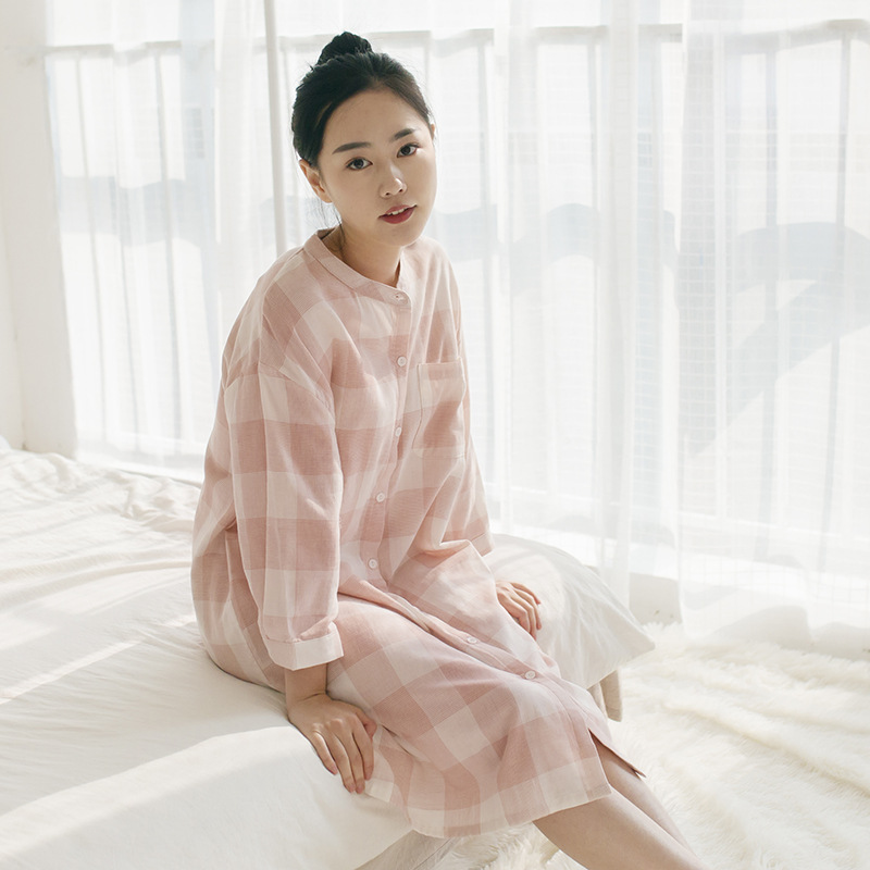 MUJI风 日式纯棉格子睡衣两件套 双层纱 宽松家居服 可外穿