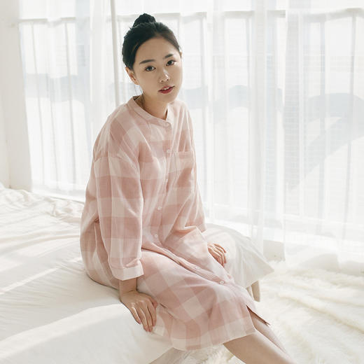MUJI风 日式纯棉格子睡衣两件套 双层纱 宽松家居服 可外穿 商品图0