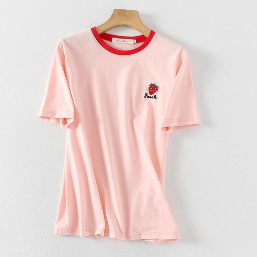 女士气质小众修身舒适简约草莓刺绣圆领短袖t恤a050870