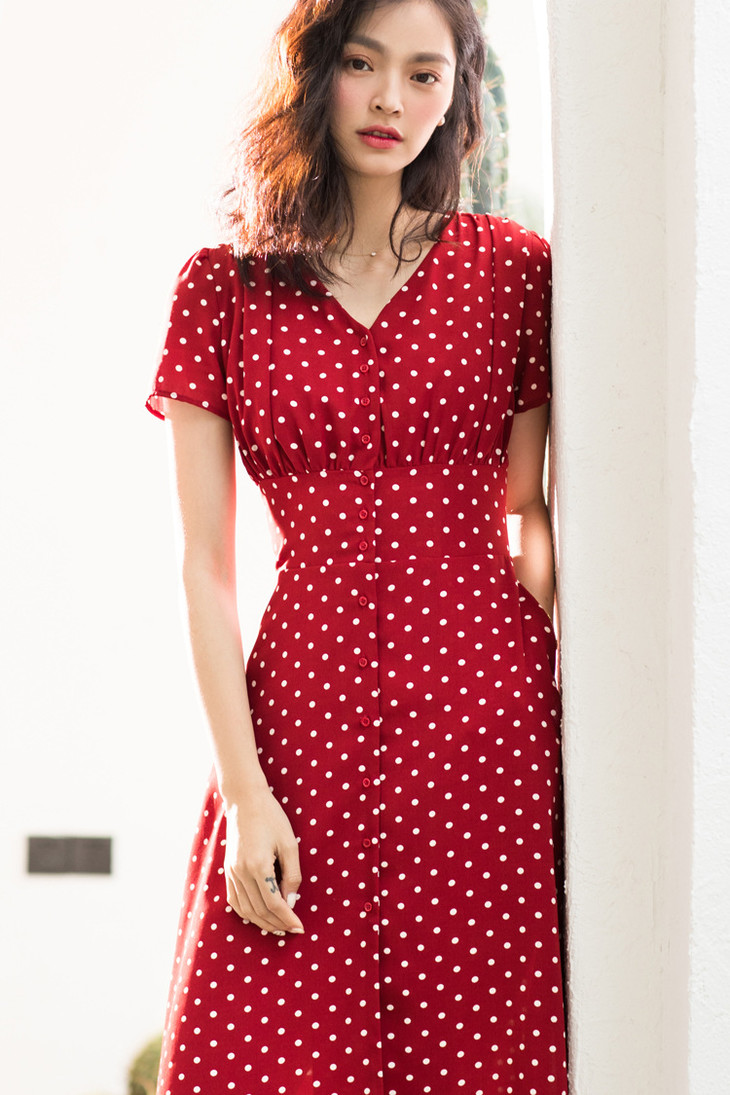 2019新复古法式少女茶歇裙雪纺波点百搭仙女红色连衣裙