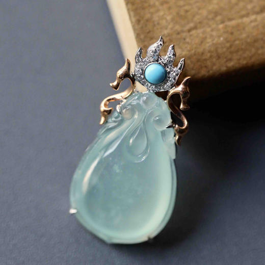 高冰种淡晴水福至心灵之双龙戏珠18k玫瑰金绿松石镶嵌 商品图2