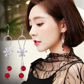 太阳花长款珍珠耳环水滴红色花朵耳坠小清晰气质百搭红色长款耳饰