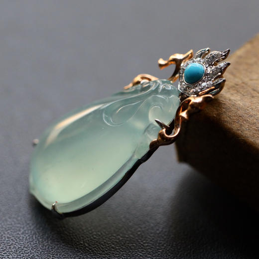 高冰种淡晴水福至心灵之双龙戏珠18k玫瑰金绿松石镶嵌 商品图1