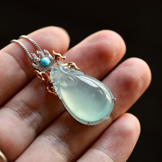高冰种淡晴水福至心灵之双龙戏珠18k玫瑰金绿松石镶嵌 商品图7