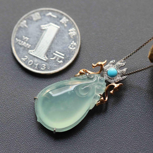 高冰种淡晴水福至心灵之双龙戏珠18k玫瑰金绿松石镶嵌 商品图5