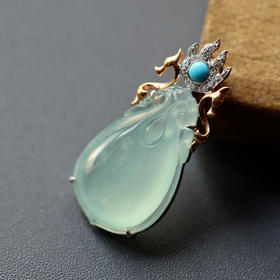 高冰种淡晴水福至心灵之双龙戏珠18k玫瑰金绿松石镶嵌
