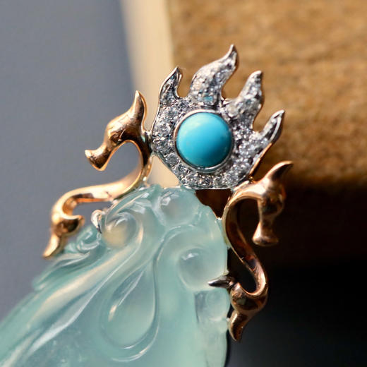 高冰种淡晴水福至心灵之双龙戏珠18k玫瑰金绿松石镶嵌 商品图4