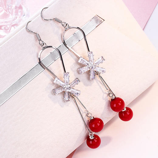 太阳花长款珍珠耳环水滴红色花朵耳坠小清晰气质百搭红色长款耳饰 商品图2