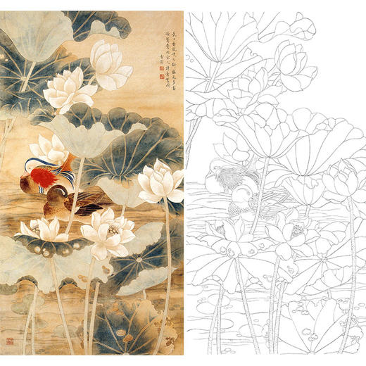 陈之佛竖幅工笔花鸟白描底稿荷花鸳鸯qa21