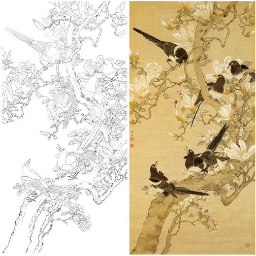 陈之佛竖幅工笔花鸟白描底稿《春朝鸣喜》-多种白描尺寸可选-QA19 商品图0