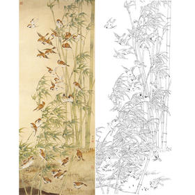 陈之佛竖幅工笔花鸟白描底稿《绿竹群雀》-多种白描尺寸可选-QA29