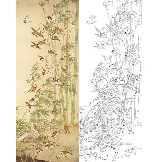 陈之佛竖幅工笔花鸟白描底稿《绿竹群雀》-多种白描尺寸可选-QA29 商品图0