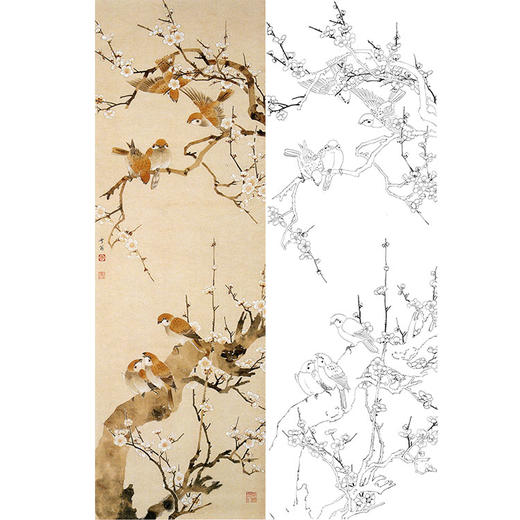 陈之佛竖幅工笔花鸟白描底稿梅花群雀qa32