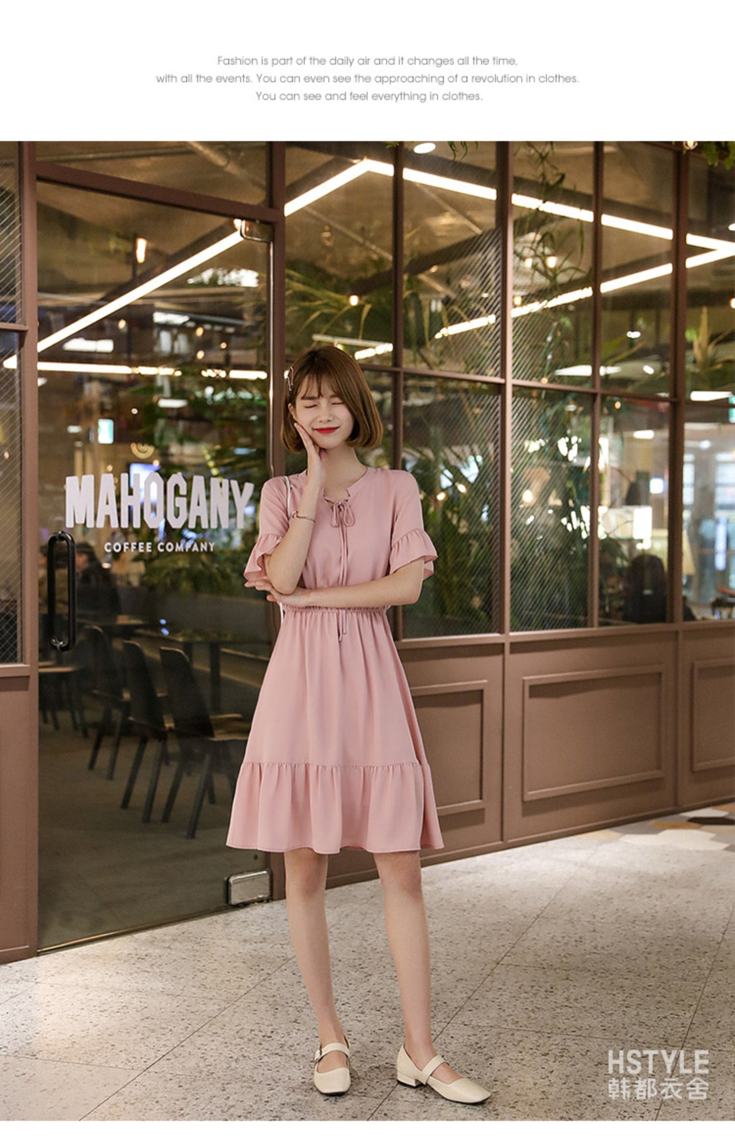 韩都衣舍2019夏装新款韩版女装荷叶边纯色收腰雪纺连衣裙mr9095璎