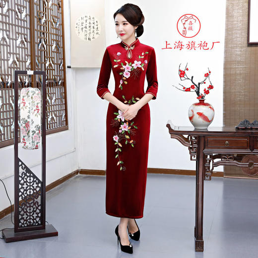 上海旗袍厂ZAYS新品手工旗袍弹力丝绒长款钉珠旗袍时尚亮片钉珠旗袍 商品图0