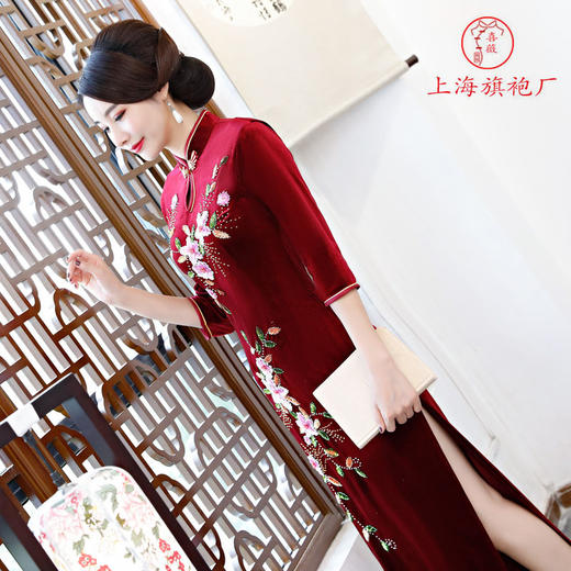 上海旗袍厂ZAYS新品手工旗袍弹力丝绒长款钉珠旗袍时尚亮片钉珠旗袍 商品图4