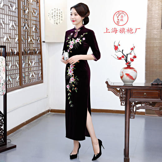 上海旗袍厂ZAYS新品手工旗袍弹力丝绒长款钉珠旗袍时尚亮片钉珠旗袍 商品图2