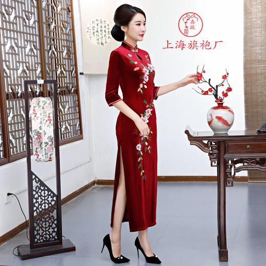 上海旗袍厂ZAYS新品手工旗袍弹力丝绒长款钉珠旗袍时尚亮片钉珠旗袍 商品图3