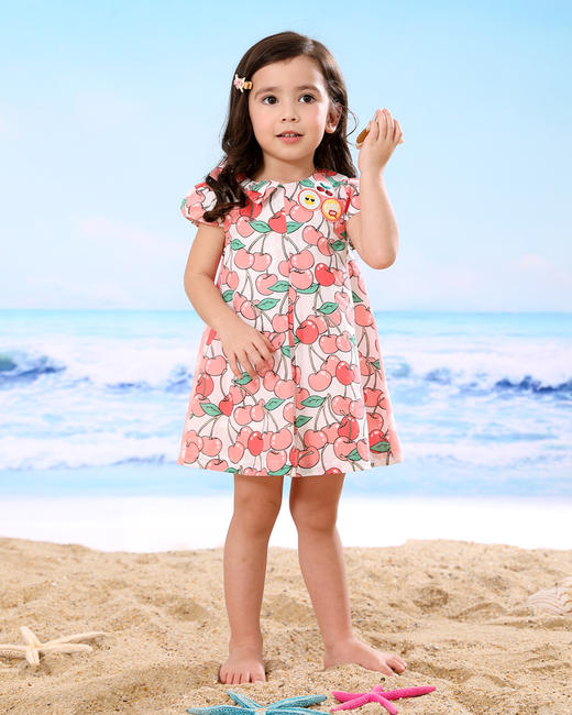 棉果果夏季女童纯棉梭织樱桃短袖连衣裙M222701219261 商品图3