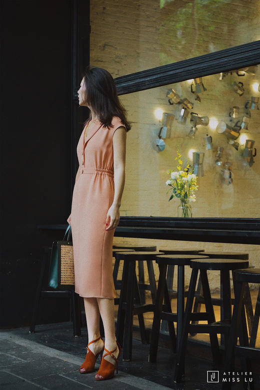 AtelierMissLu / Nydia-珊瑚橘侧腰松紧连身裙 商品图1