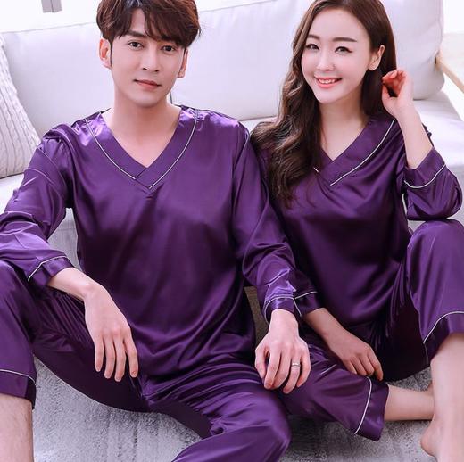 【睡衣】*情侣真丝睡衣韩版可爱冰丝女夏季长袖春秋季男士套装薄款家居秋季 商品图6